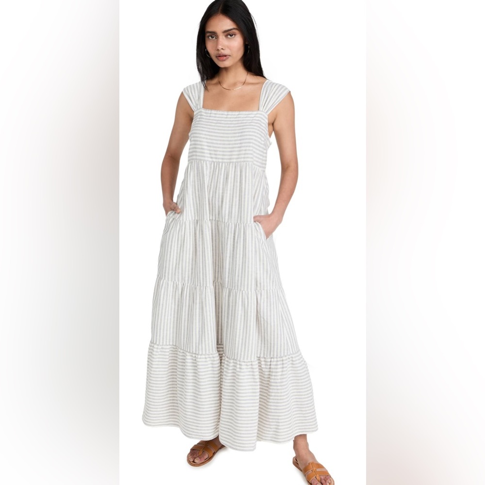 Madewell gray white linen blend tiered maxi dress SIZE S